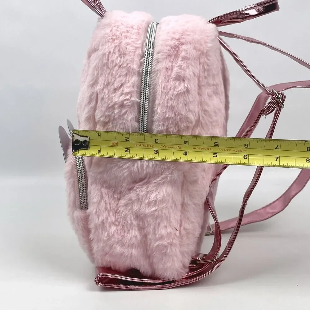 Disney Minnie Mouse Faux Fur Mini Backpack Pink Fuzzy Sequin Bag EUC